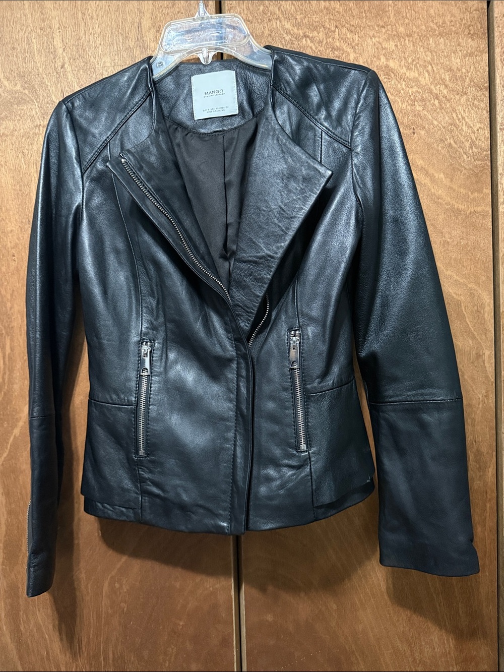 Mango Genuine Leather Moto Style Jacket in Black- Size Small